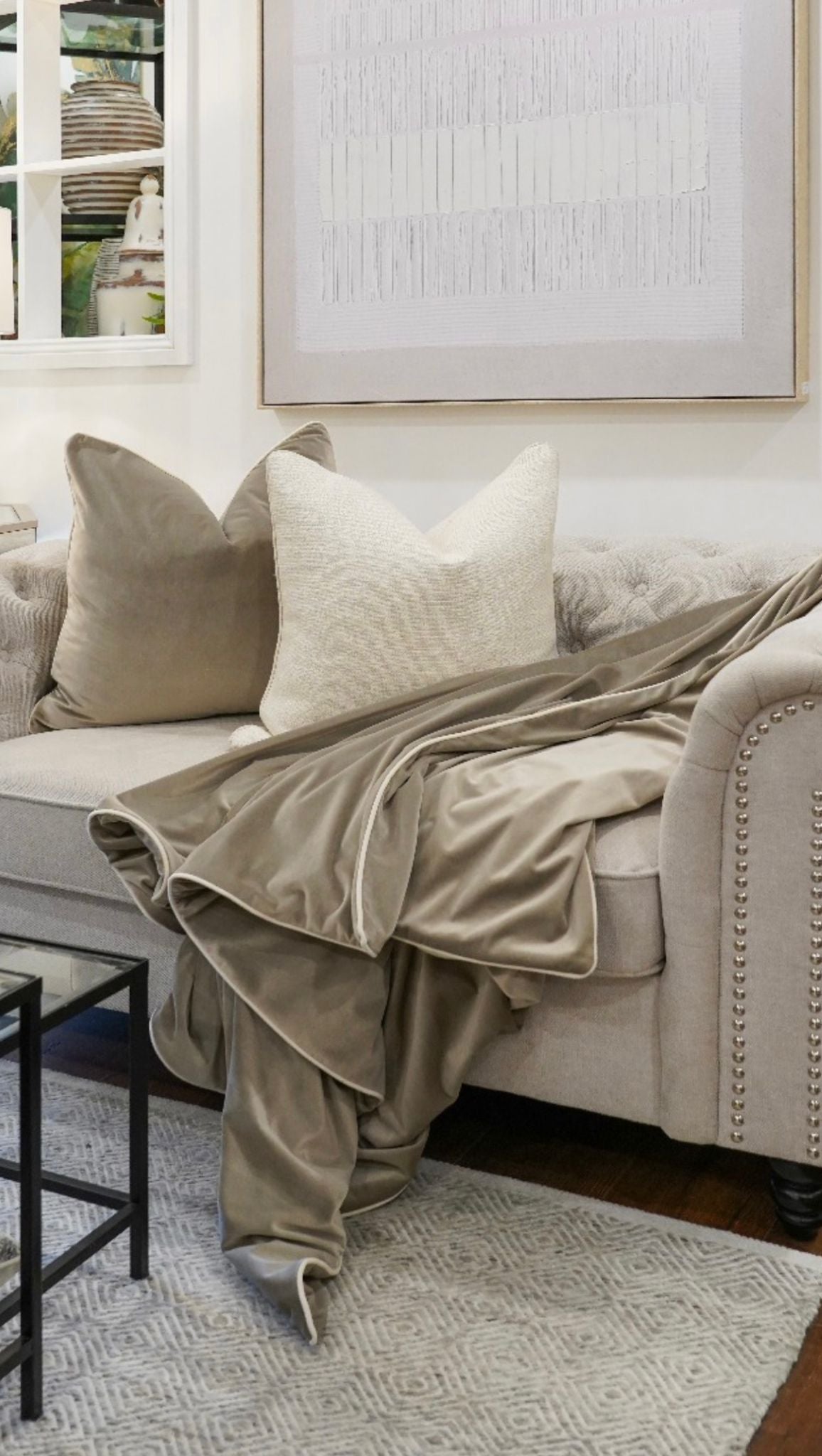 Luxury Light Champagne Throw with White Piping